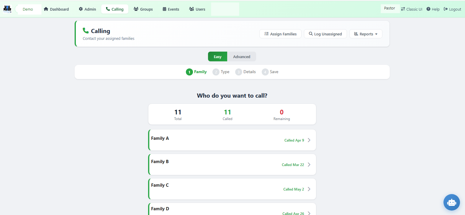 YouMatter Easy Calling page showing assigned families with last-contact dates, used by callers to track shepherding contacts